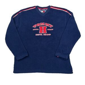 Tommy Hilfiger VTG Y2K High Pile Fleece V-Neck Pullover Sweatshirt Blue Large
